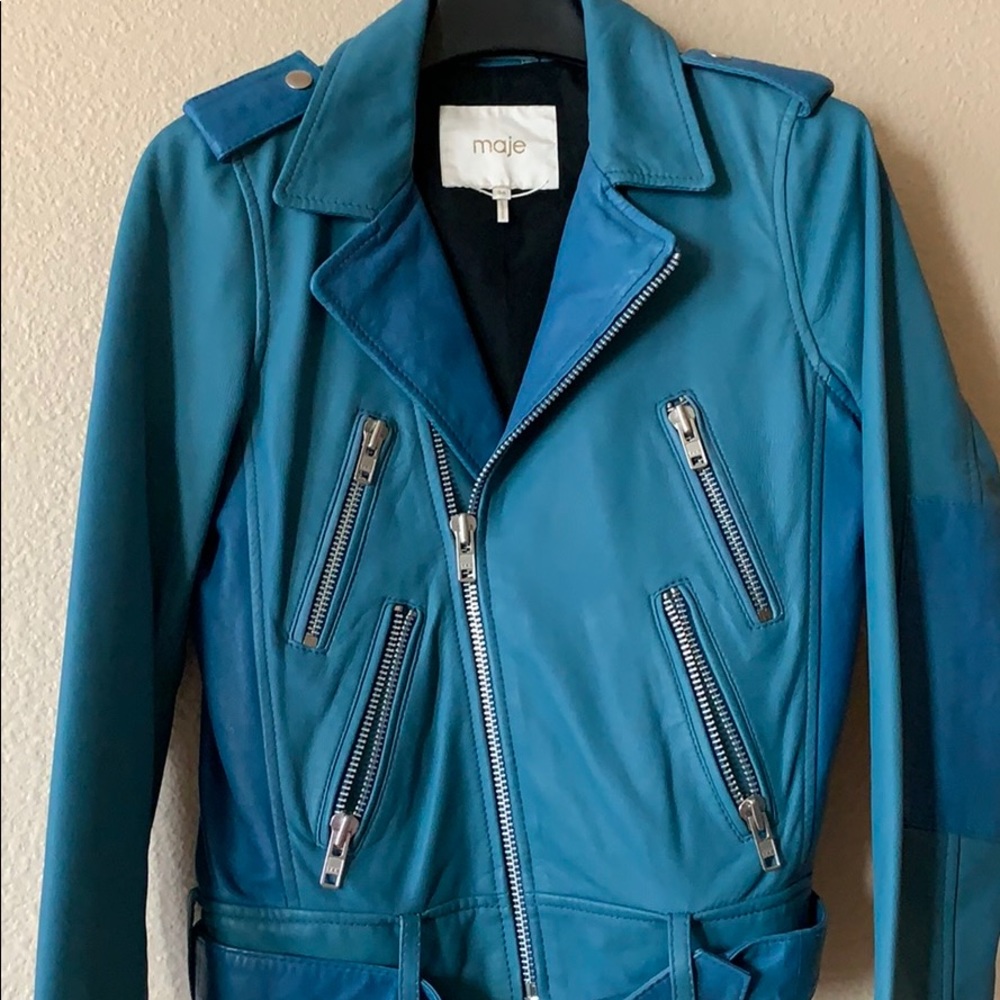 Blue lamb skin moto jacket